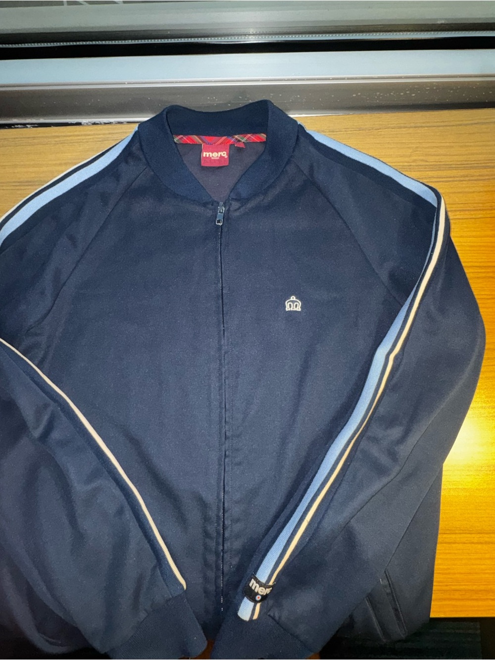 Navy Bomber Jacket with Light Blue & Cream Stripes